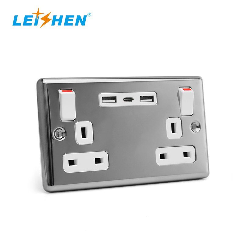 LEISHEN Metal Matte Grey Face Plate Double UK Plug Wall Socket 2 Gang 13 Amp Switched Plug Socket For England/ Africa Market