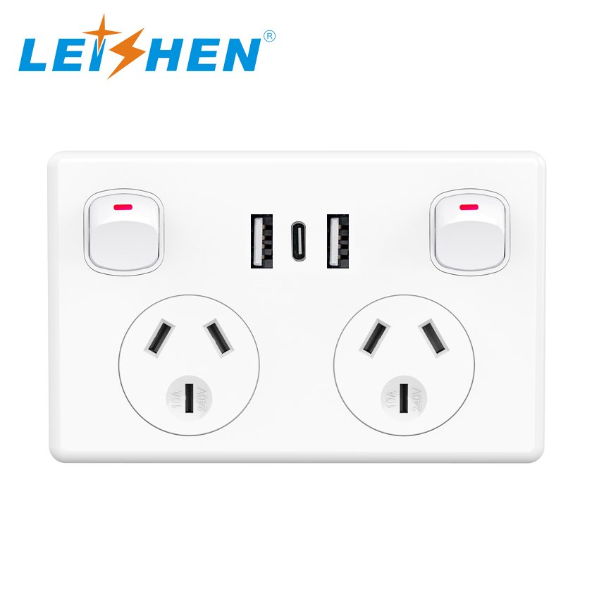 SAA Approval USB GPO power points 10A Amp 240V GPO wall socket outlet with Double USB Slim Plate Wall Light Switch Home Plug