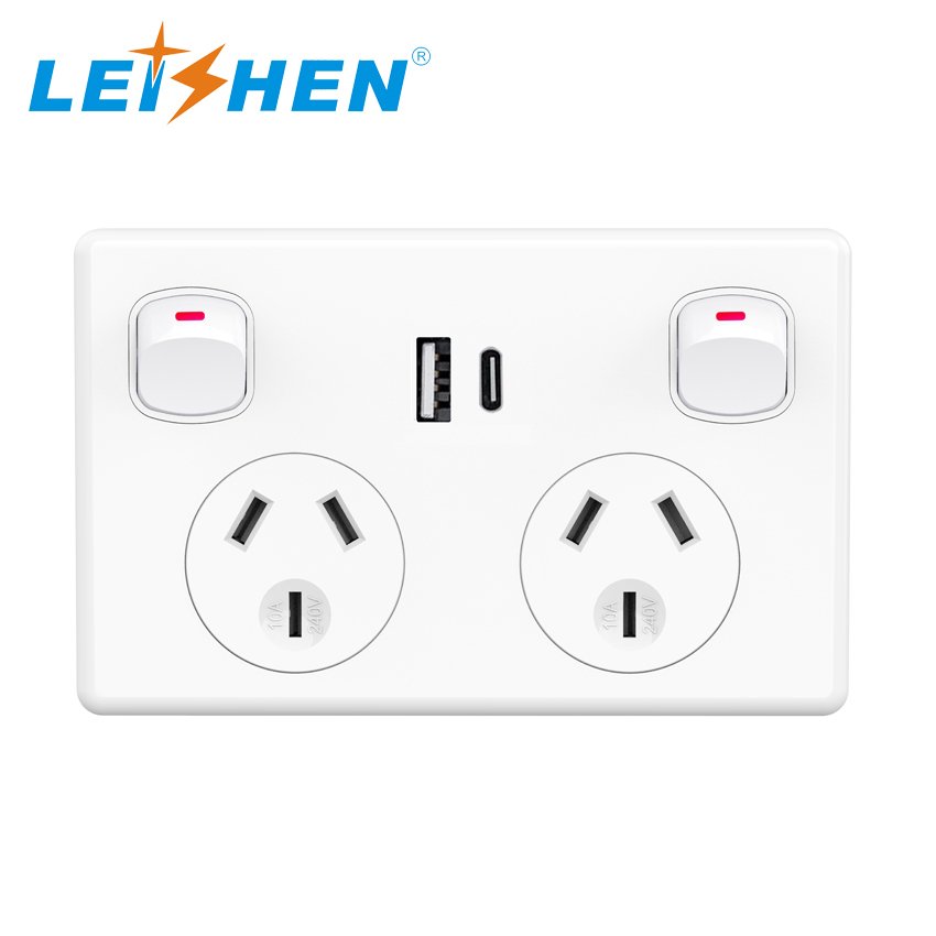 SAA Approval USB GPO power points 10A Amp 240V GPO wall socket outlet with Double USB Slim Plate Wall Light Switch Home Plug