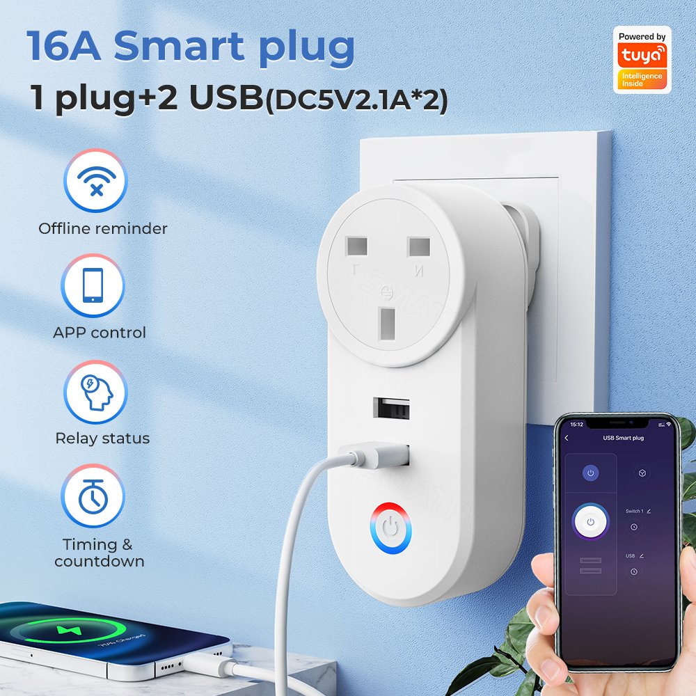 SMATRUL UK Plug 16A Outlet Adapter Voice Smart Life App Electrical For Google Home Alexa Yandex Alice Tuya Wifi Smart USB Socket