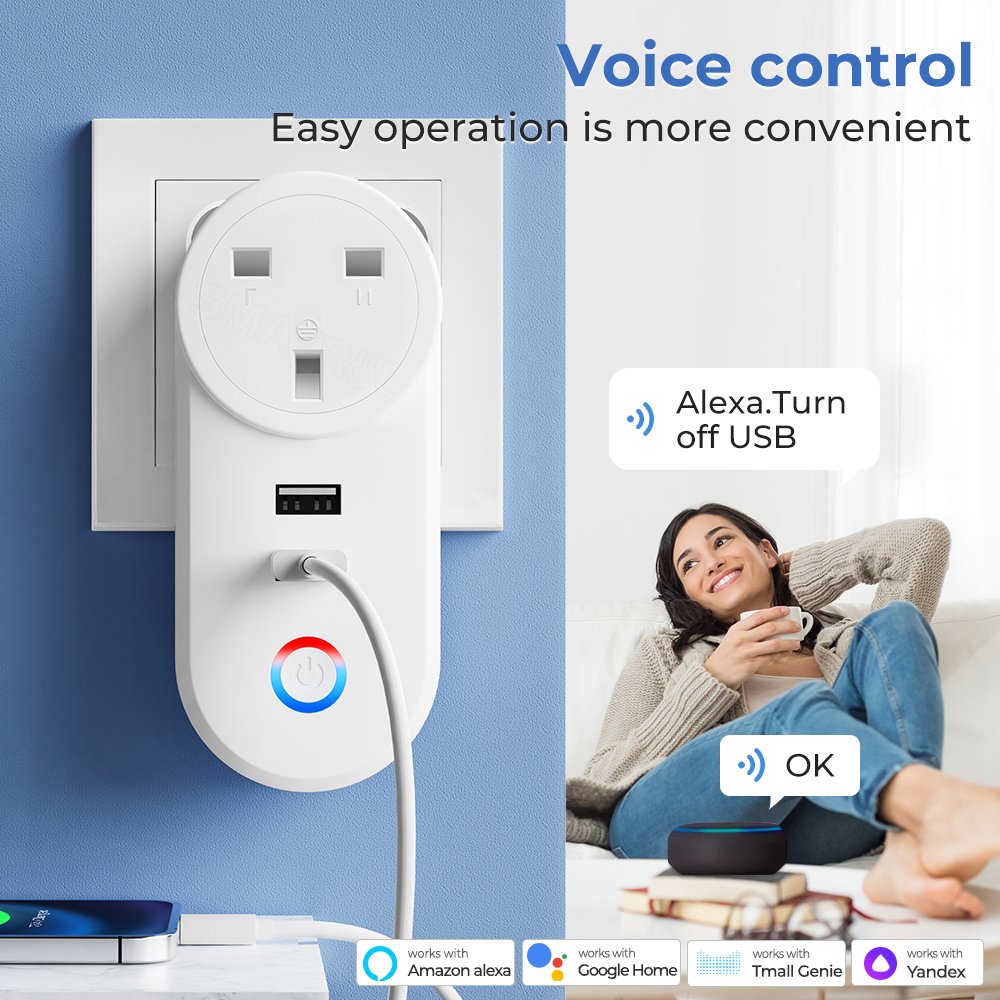 SMATRUL UK Plug 16A Outlet Adapter Voice Smart Life App Electrical For Google Home Alexa Yandex Alice Tuya Wifi Smart USB Socket