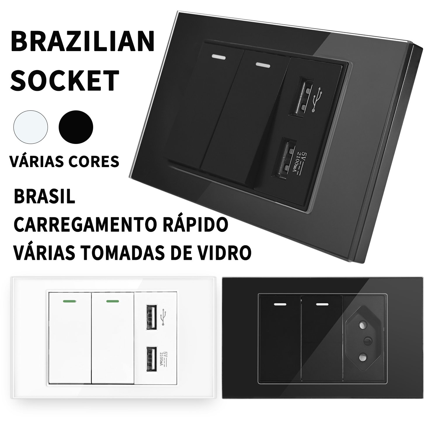 USB Household Wall Power Socket 20A Glass Panel Multi-Combination Button Plug Socket