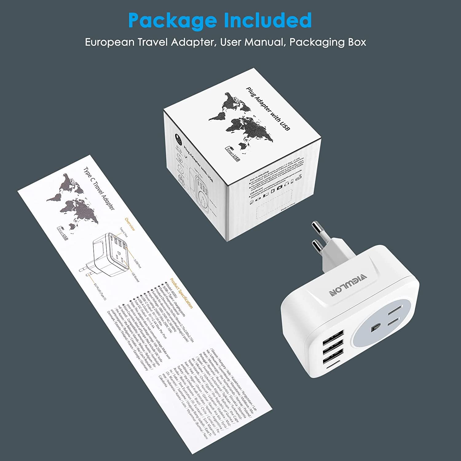 5-in-1 Travel Adapter with 1 USB C 3 USB Ports 1 CA/US Outlets for Canada US to EU Most EU (Type C) Power Standards UK Included