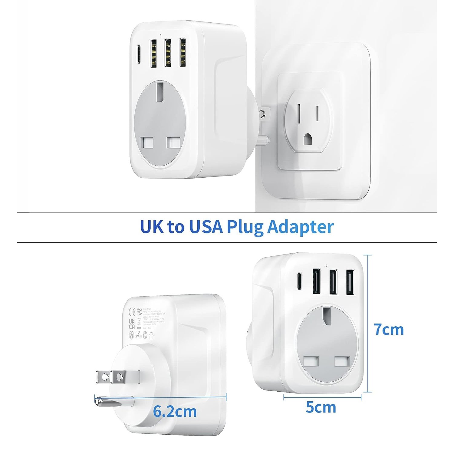 Multi-Extension Travel Plug Adapter UK EU/US/GER/UK 3 USB-1 Type-C-1 Socket 250V AC 10A Rated One-Turn PC Material Wall Socket