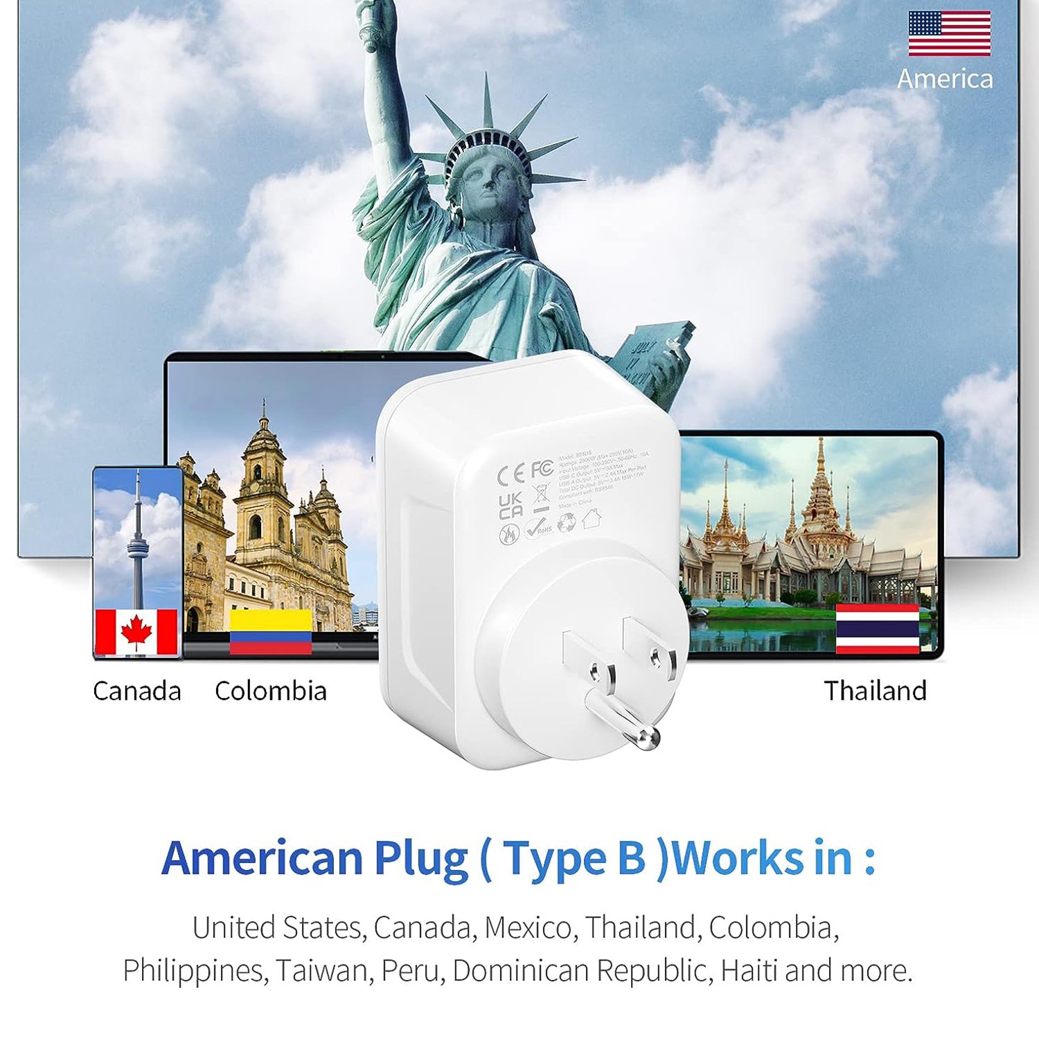 Multi-Extension Travel Plug Adapter UK EU/US/GER/UK 3 USB-1 Type-C-1 Socket 250V AC 10A Rated One-Turn PC Material Wall Socket