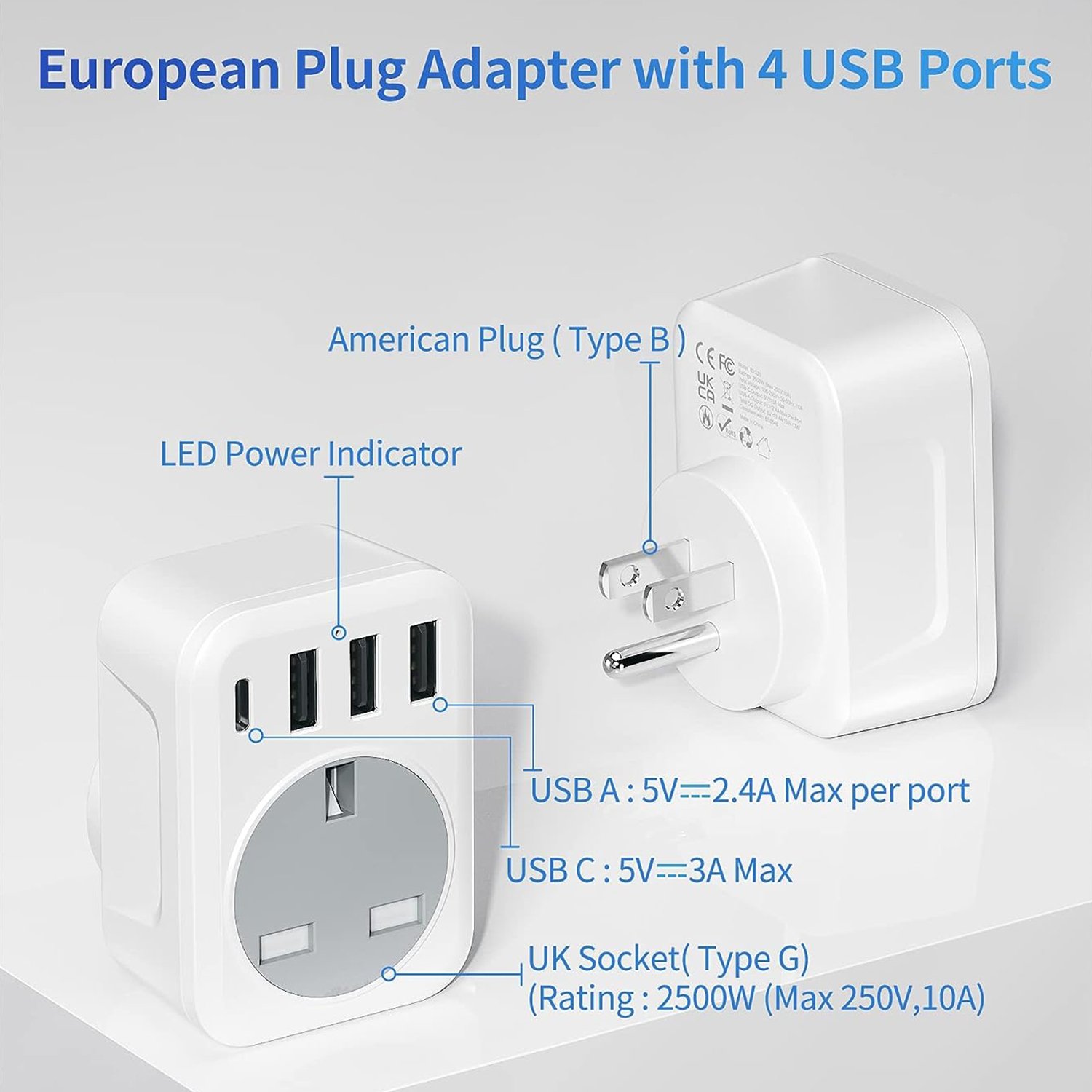 Multi-Extension Travel Plug Adapter UK EU/US/GER/UK 3 USB-1 Type-C-1 Socket 250V AC 10A Rated One-Turn PC Material Wall Socket