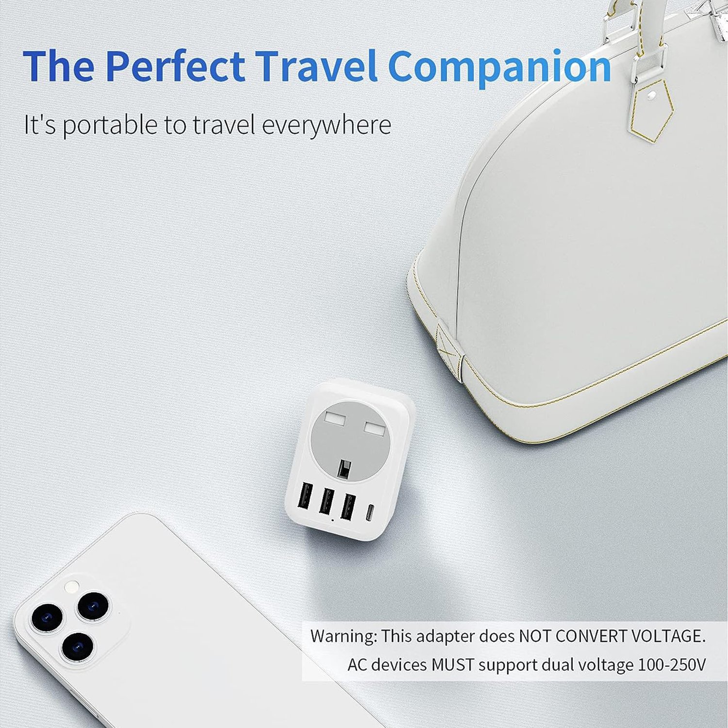 Multi-Extension Travel Plug Adapter UK EU/US/GER/UK 3 USB-1 Type-C-1 Socket 250V AC 10A Rated One-Turn PC Material Wall Socket