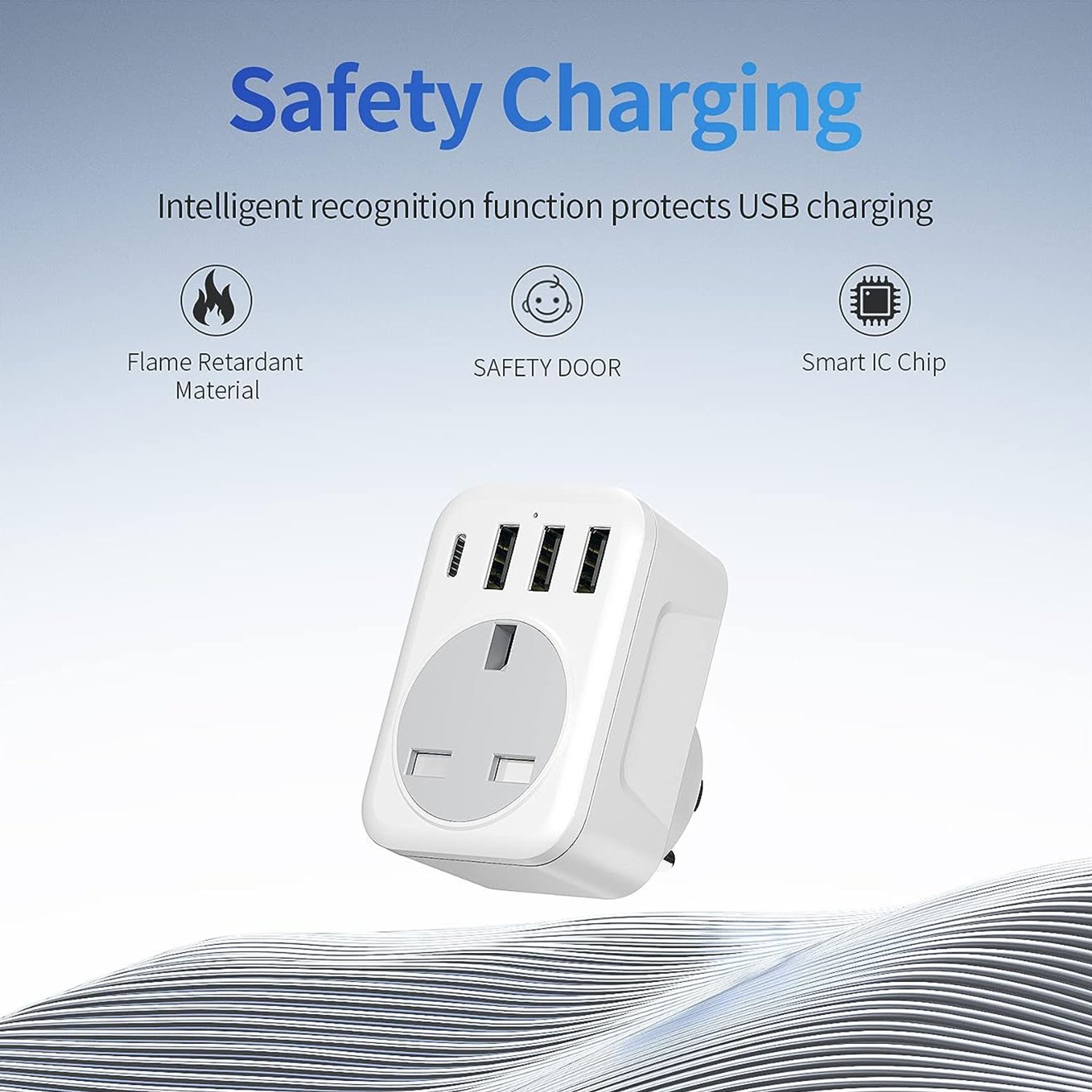Multi-Extension Travel Plug Adapter UK EU/US/GER/UK 3 USB-1 Type-C-1 Socket 250V AC 10A Rated One-Turn PC Material Wall Socket