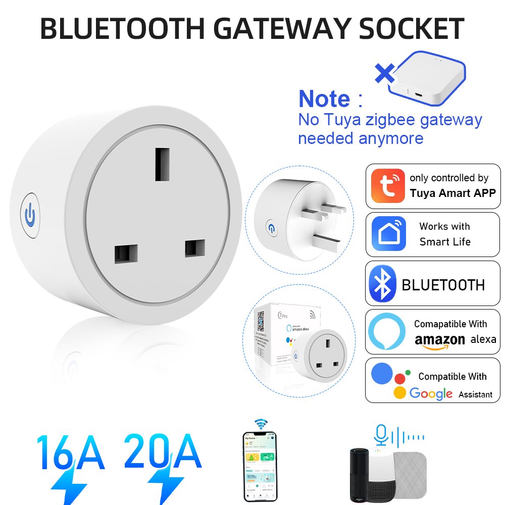 Tuya Bluetooth wifi Smart Socket UK Plug,Home remote intelligent monitoring plug,16/20A with Power Monitor,Google home Alexa