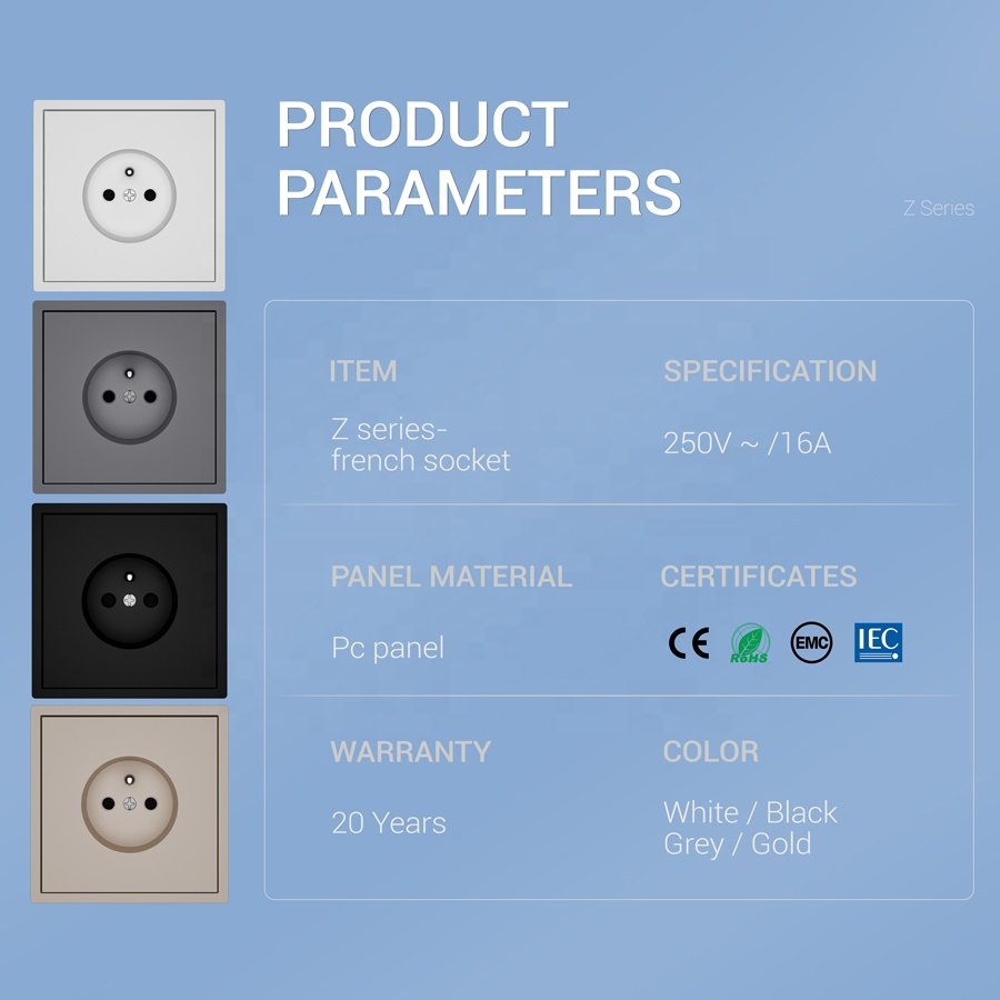 250V 16A 2P+T Electrical Power Plugs And Sockets Z Series Fashion Design Decorate French Socket With Grounding