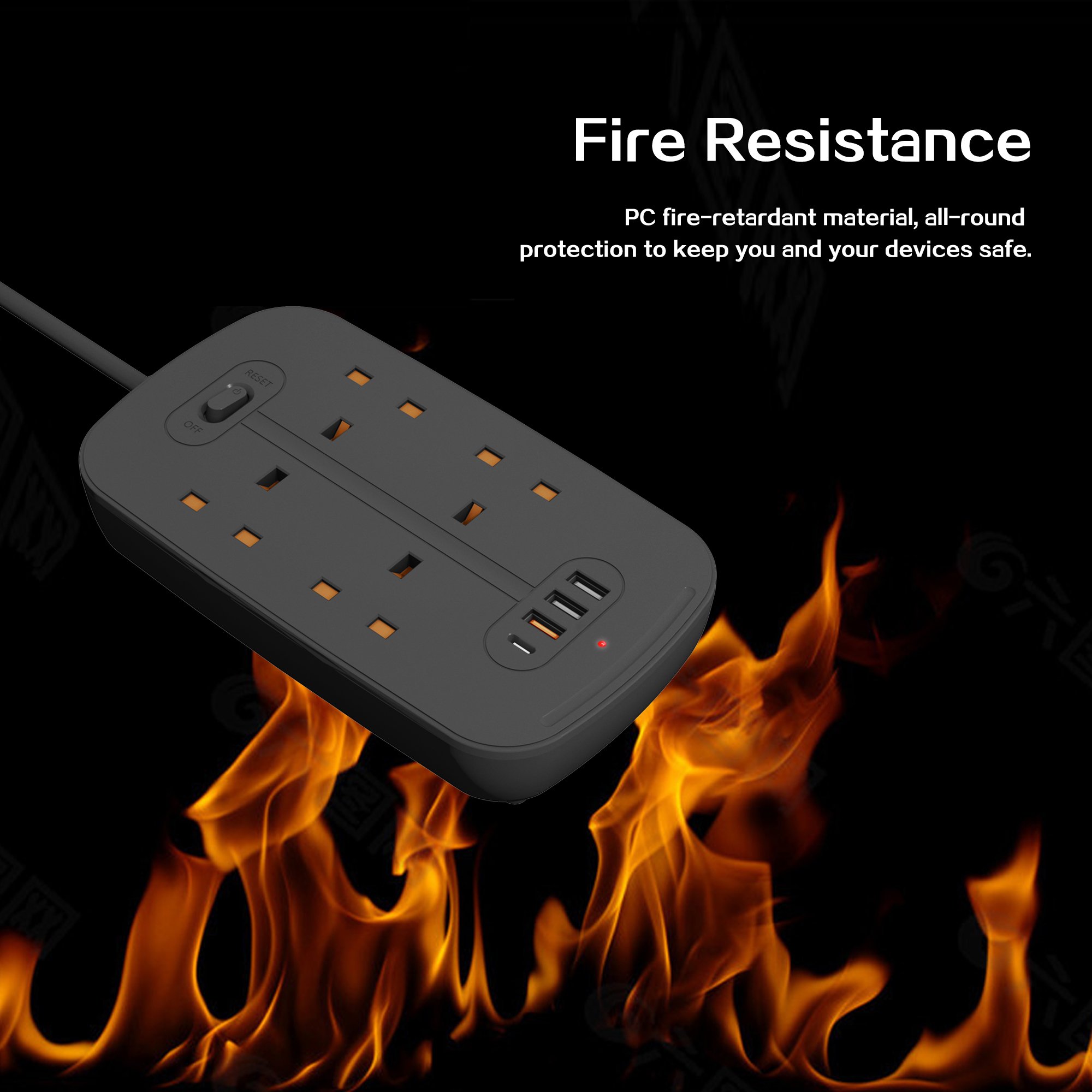 4 Gang UK Standard Plug Socket 2M Extension Cable 4 USB Ports Charging Station Overload Protection Extension Lead With Switch