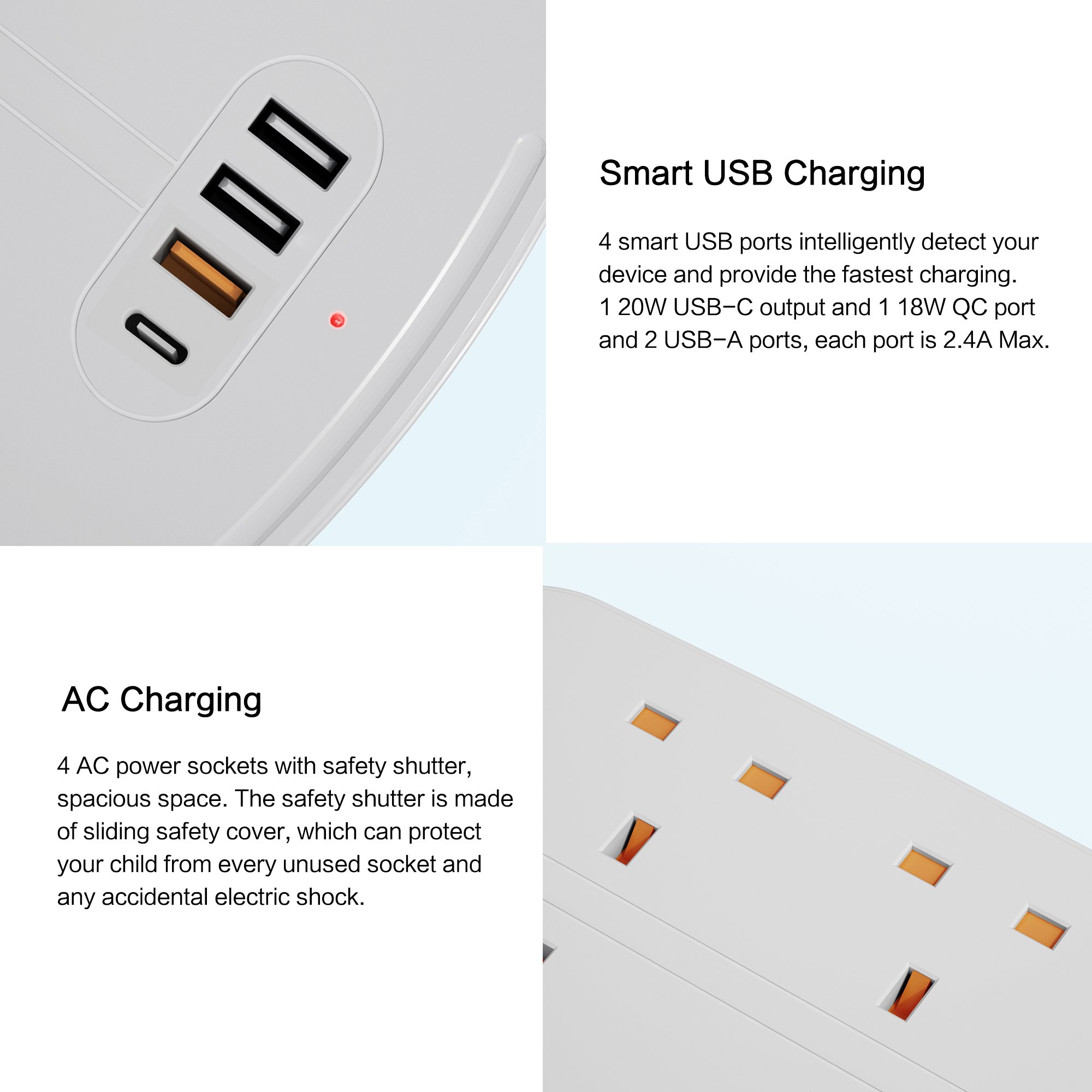 4 Gang UK Standard Plug Socket 2M Extension Cable 4 USB Ports Charging Station Overload Protection Extension Lead With Switch