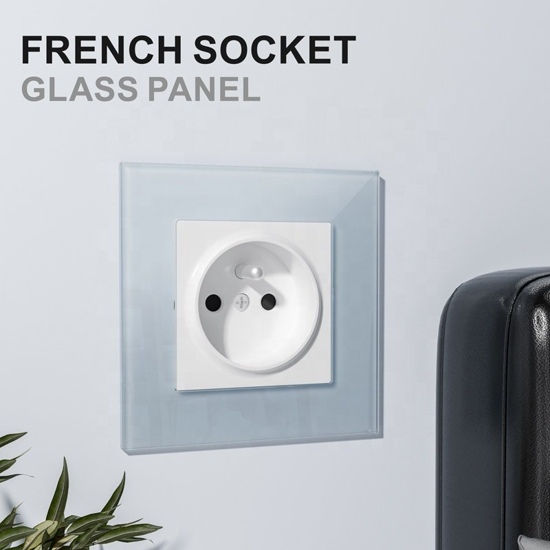 Wall Tempered Glass Panel French Socket 220V 16A EU Wall Plug Socket 2P+T Standard Grounding Socket