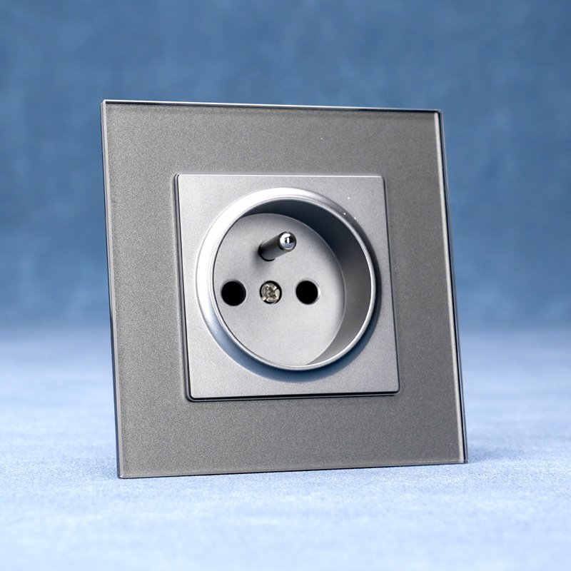 Wall Tempered Glass Panel French Socket 220V 16A EU Wall Plug Socket 2P+T Standard Grounding Socket