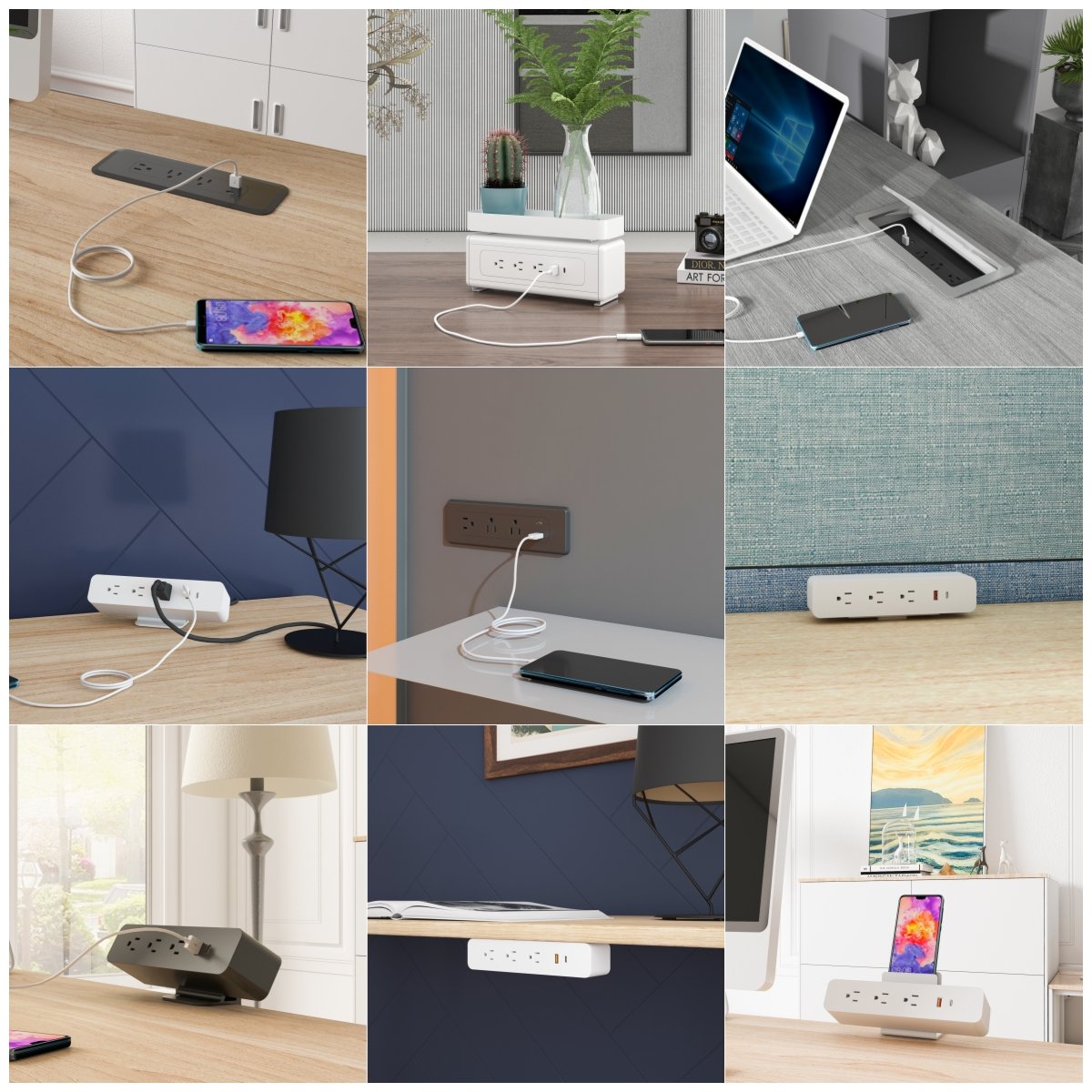 Space-Saver Recessed Outlet Box Flat Plug with 3 Outlets and USBC and USBA Mount Desk Recessed Outlet
