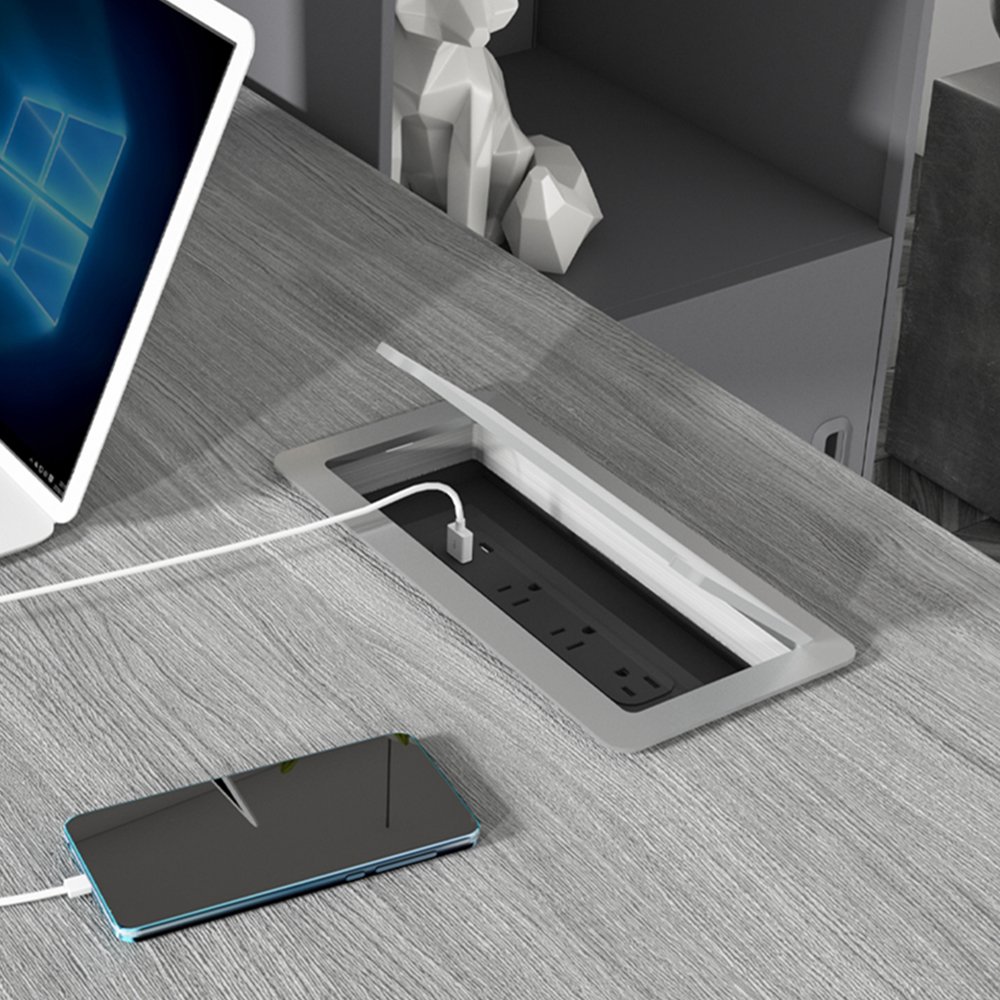 Space-Saver Recessed Outlet Box Flat Plug with 3 Outlets and USBC and USBA Mount Desk Recessed Outlet