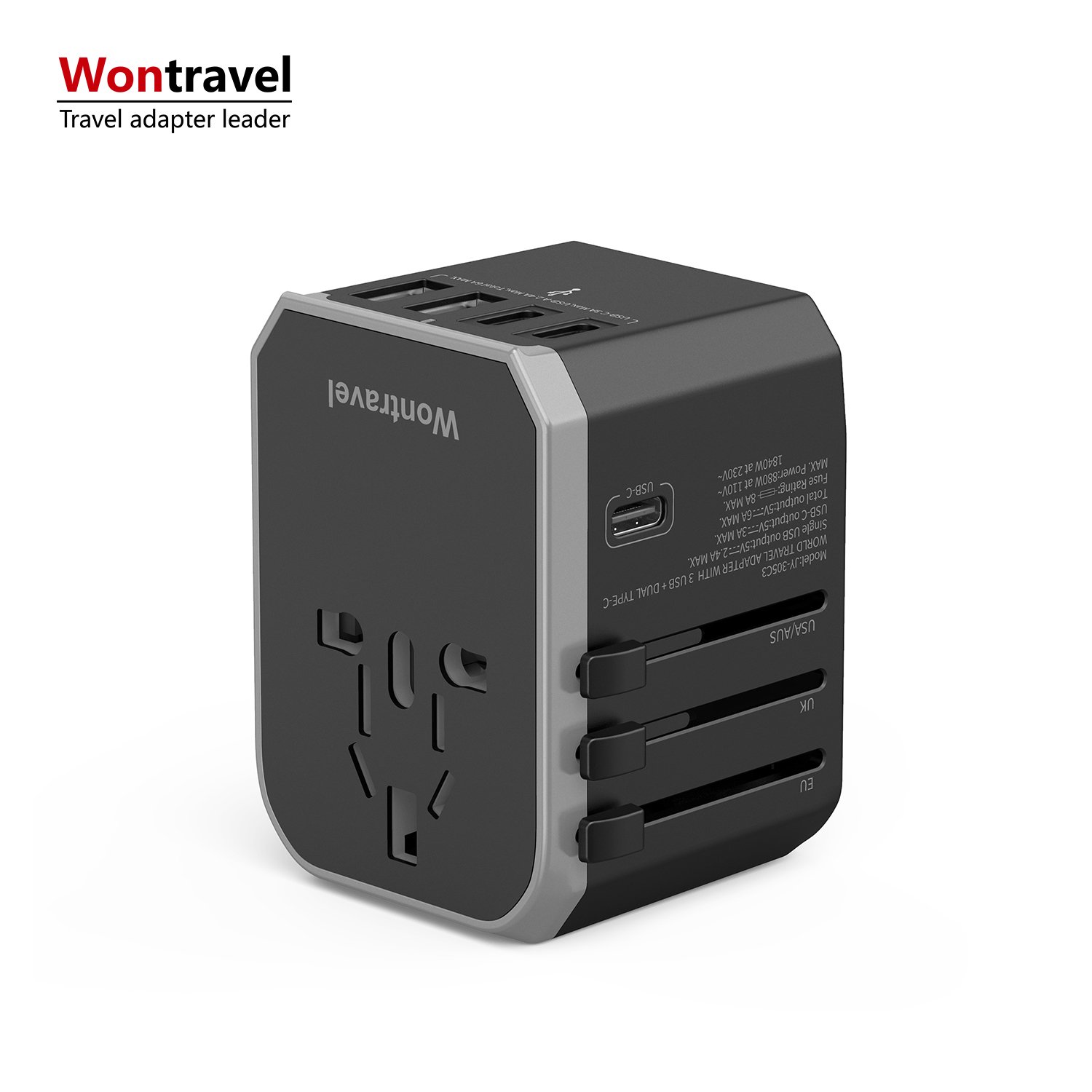 Wontravel OEM ODM 2 USB 3 Type-C Multi Travel Adaptor Wall Plug Socket Universal Travel Plug Adapter