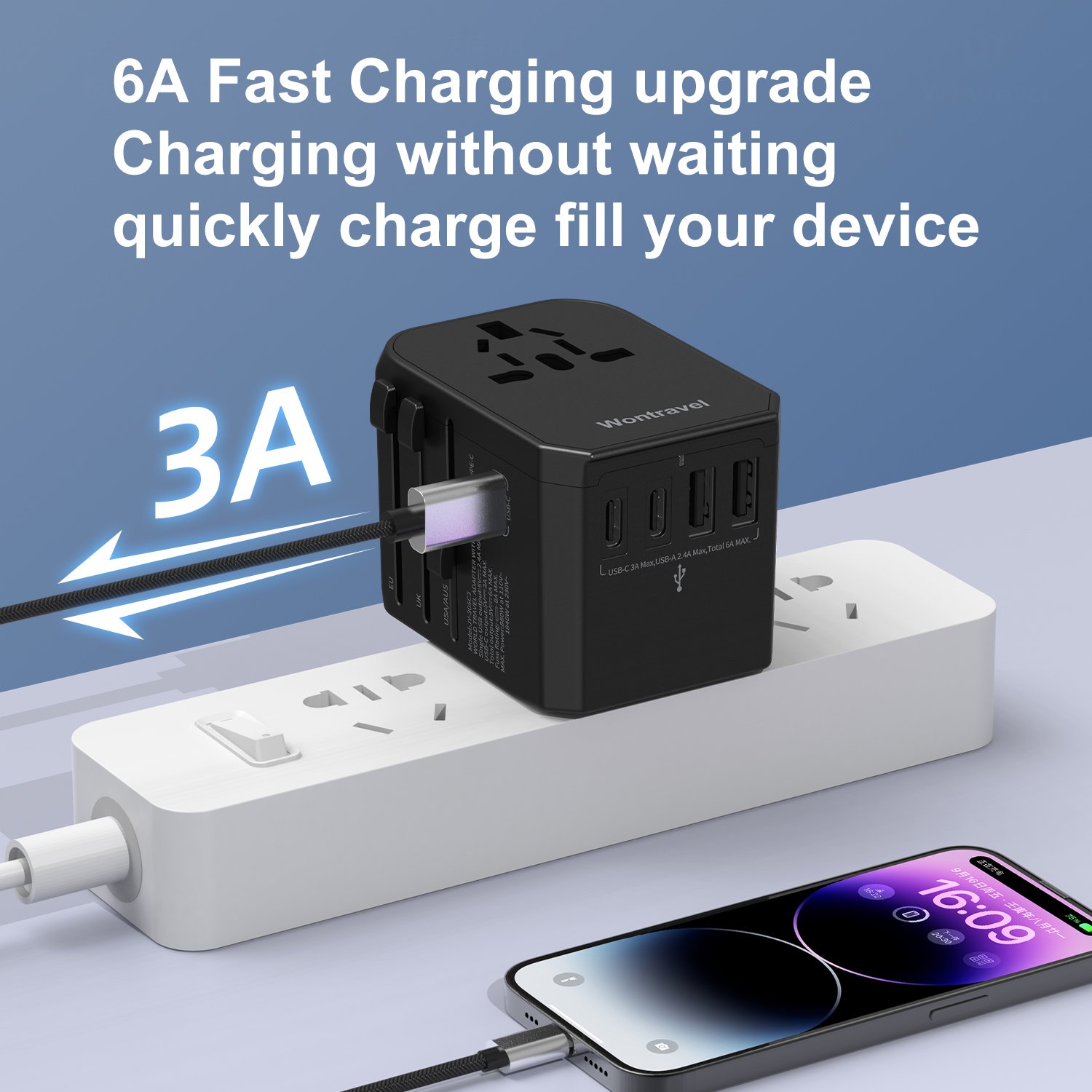 Wontravel OEM ODM 2 USB 3 Type-C Multi Travel Adaptor Wall Plug Socket Universal Travel Plug Adapter