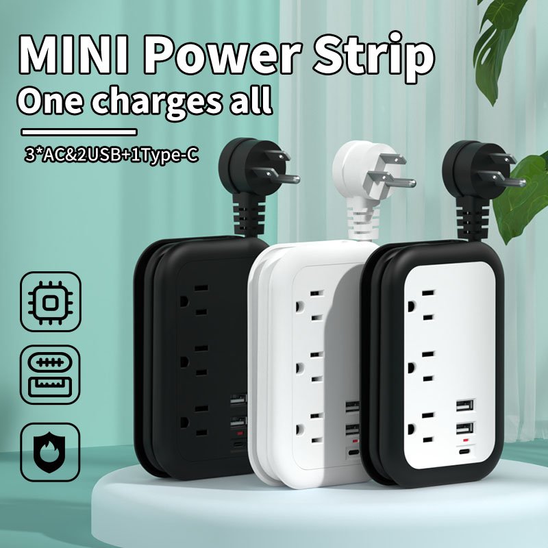 Hot Selling 3 way 2 USB Ports1 Type-c Extension Lead Power Strip Travel Adapter Plug Socket