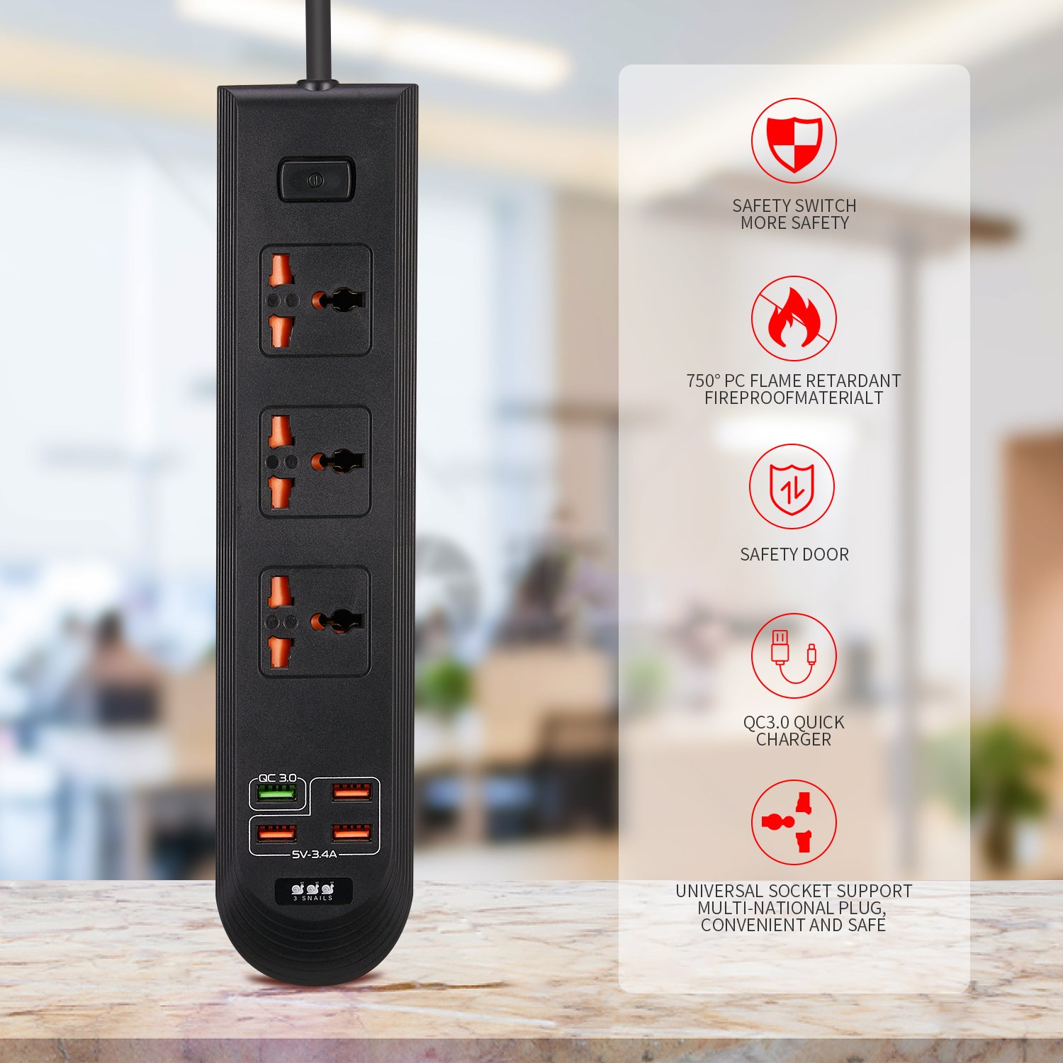 Universal Industrial Plug And Socket With 4usb Socket Outdoor Extension Power Strip