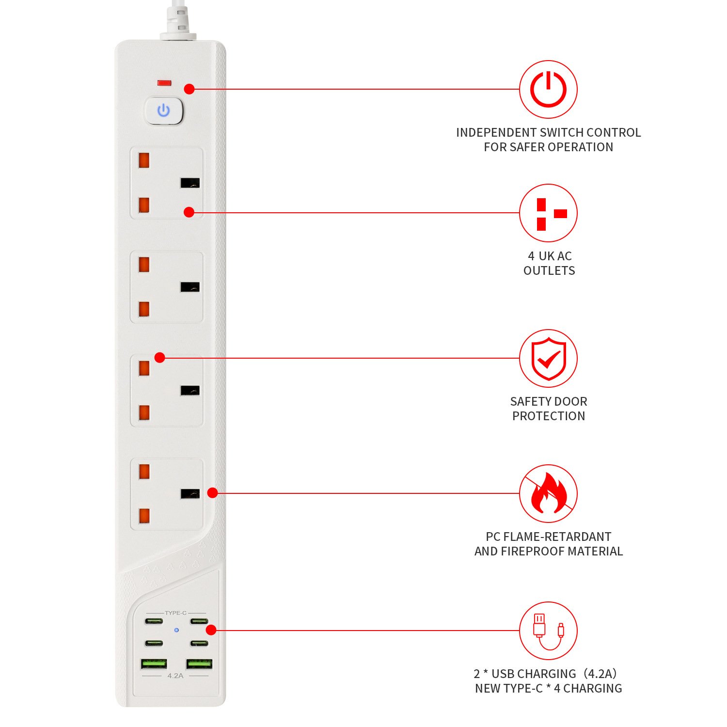 4 Way UK Standard Electrical Extension Socket 4 Outlets Waterproof Multi-Function Power Socket 10A 250V 3000WRated Customizable
