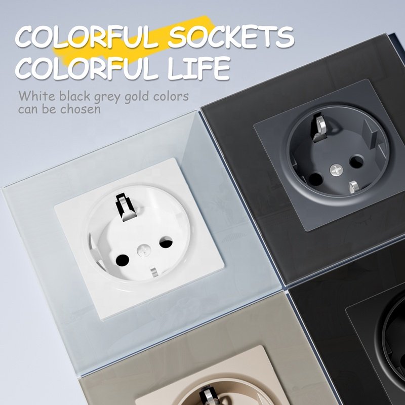 220V 250V Germany Schuko Socket EU White Black Grey Gold Glass Panel 2P+E Plug Socket