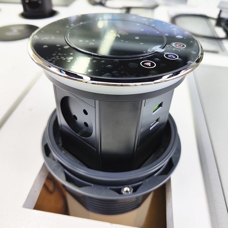 IP65 waterproof 4 side Black Israel Plug WIFI smart Motorized pop up wireless charging kitchen tabletop socket with USB-C