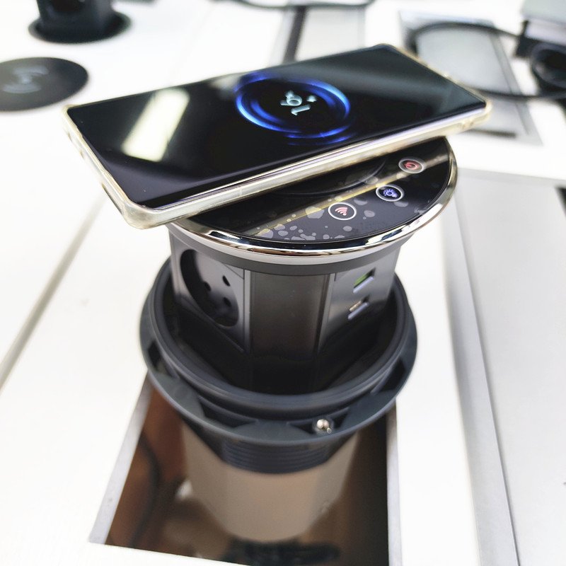 IP65 waterproof 4 side Black Israel Plug WIFI smart Motorized pop up wireless charging kitchen tabletop socket with USB-C