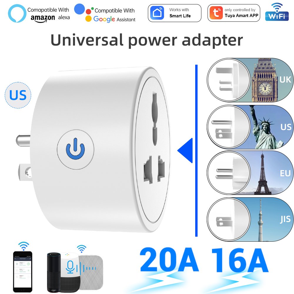 Tuay Smart Universal 3-Pins Travel Adapter,1Pcs US to EU/UK/AUS/China Socket Converter,Smart Home Wifi Tuya Smart Socket & Plug