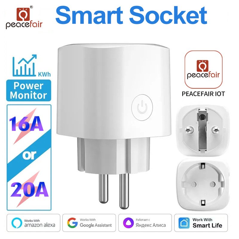 Tuya WiFi Smart Socket EU Plug 16A/20A Power Monitoring & Timing Function Voice Control Compatible with Alexa & Google Home