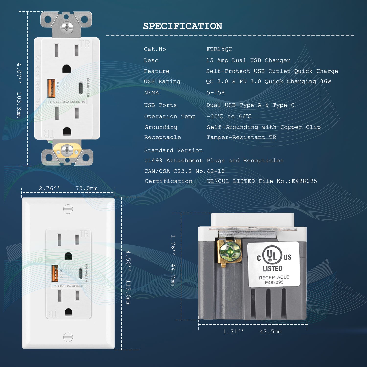 White FTR15QC usb a and usb c plug electrical outlet with phone fast charger for residential facilities