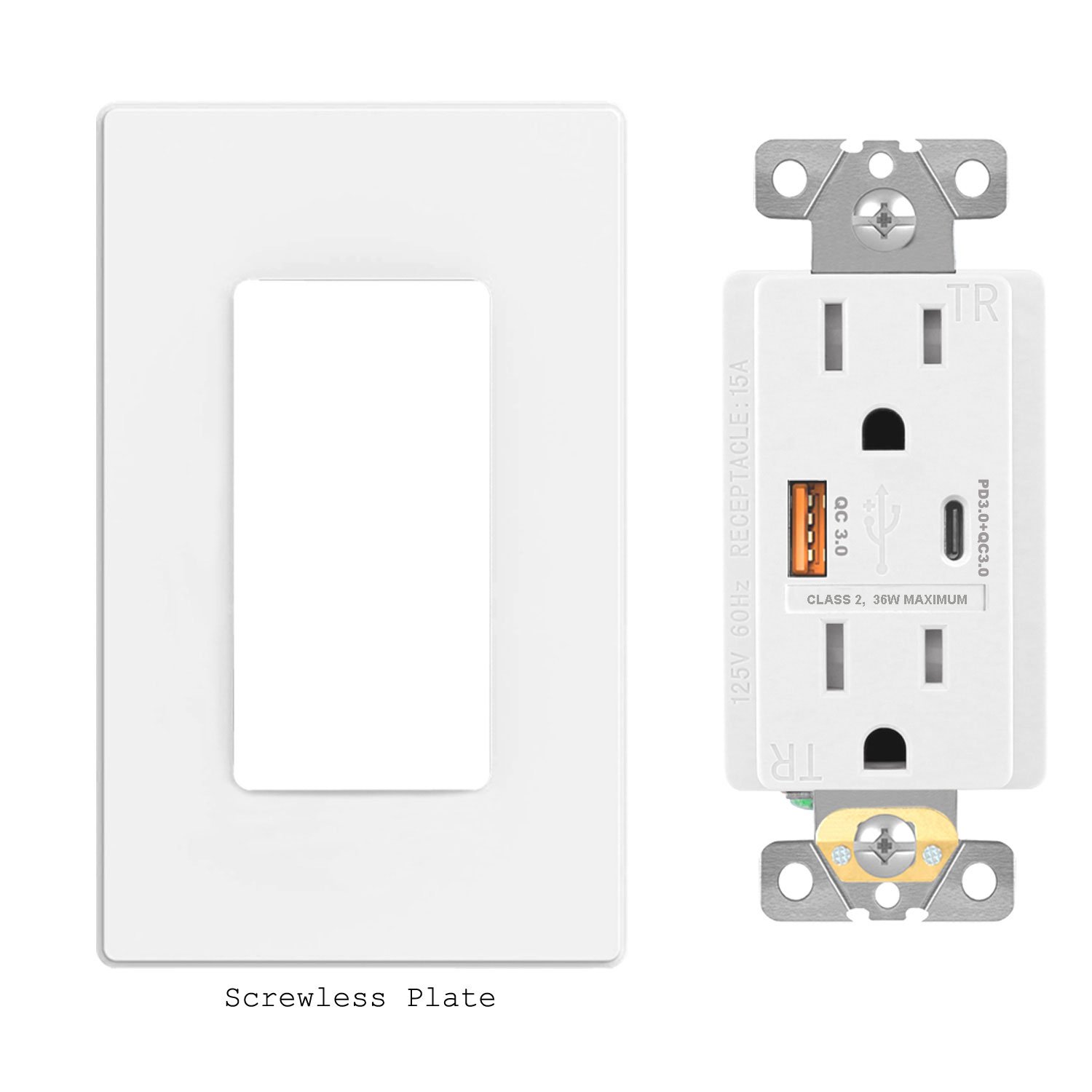 White FTR15QC usb a and usb c plug electrical outlet with phone fast charger for residential facilities