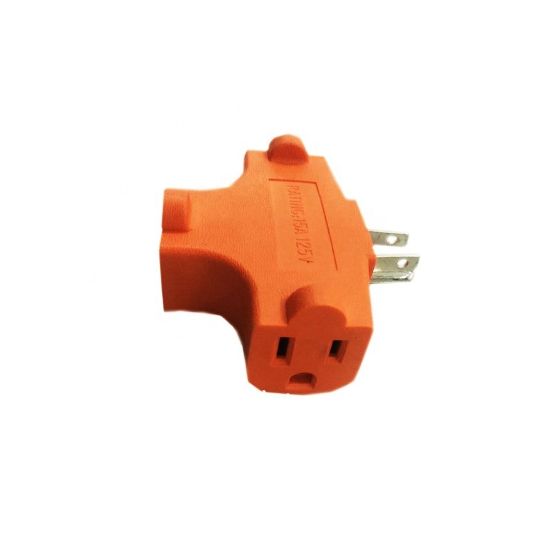 3 Outlet 125V T-Shaped Orange Heavy Duty Grounded Adapter Plug