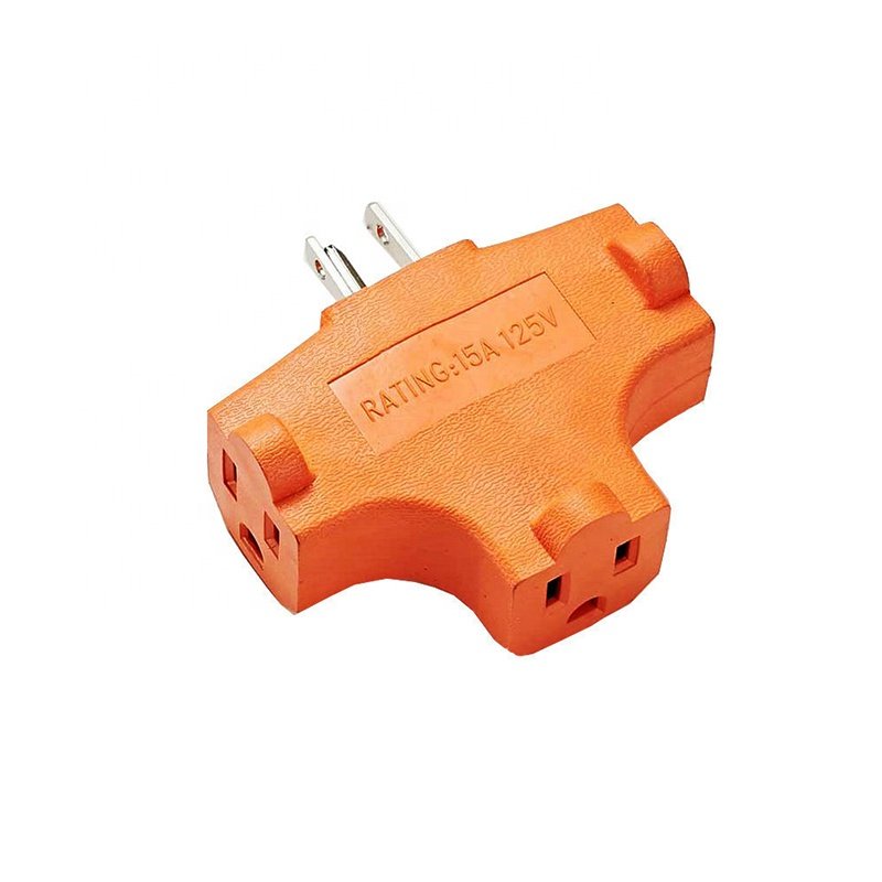 3 Outlet 125V T-Shaped Orange Heavy Duty Grounded Adapter Plug