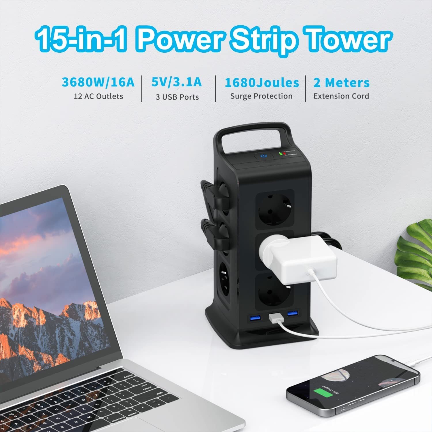 Power Strip with 2 m Cable,Tabletop USB Fast Charging Socket with Overload Protection Electrical Extension European Multi Plug