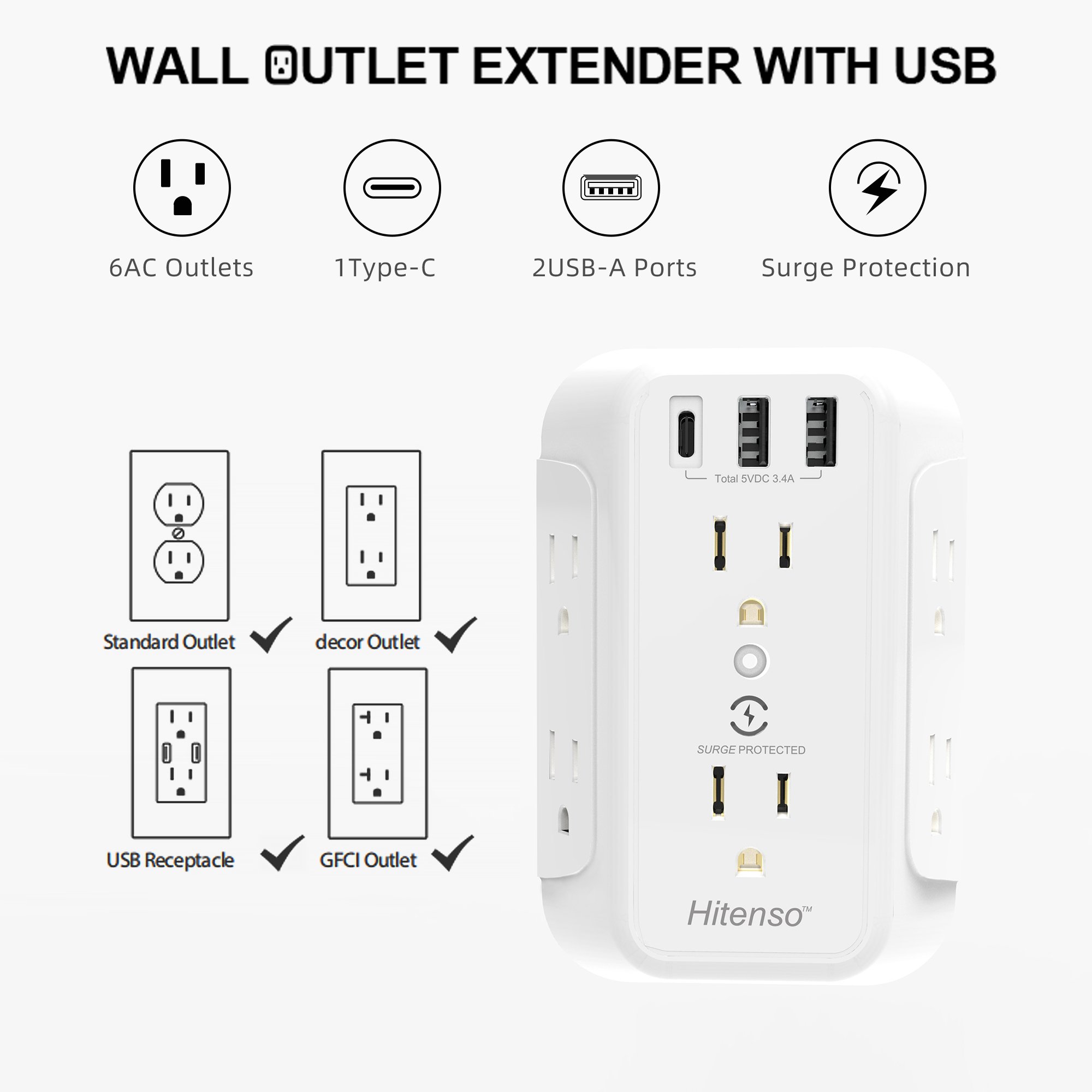 Outlet extender USB Wall Charger power strip 6 Outlet with 2 USB Charging Multi Plug Wall Adapter Spaced for Home Travel Office