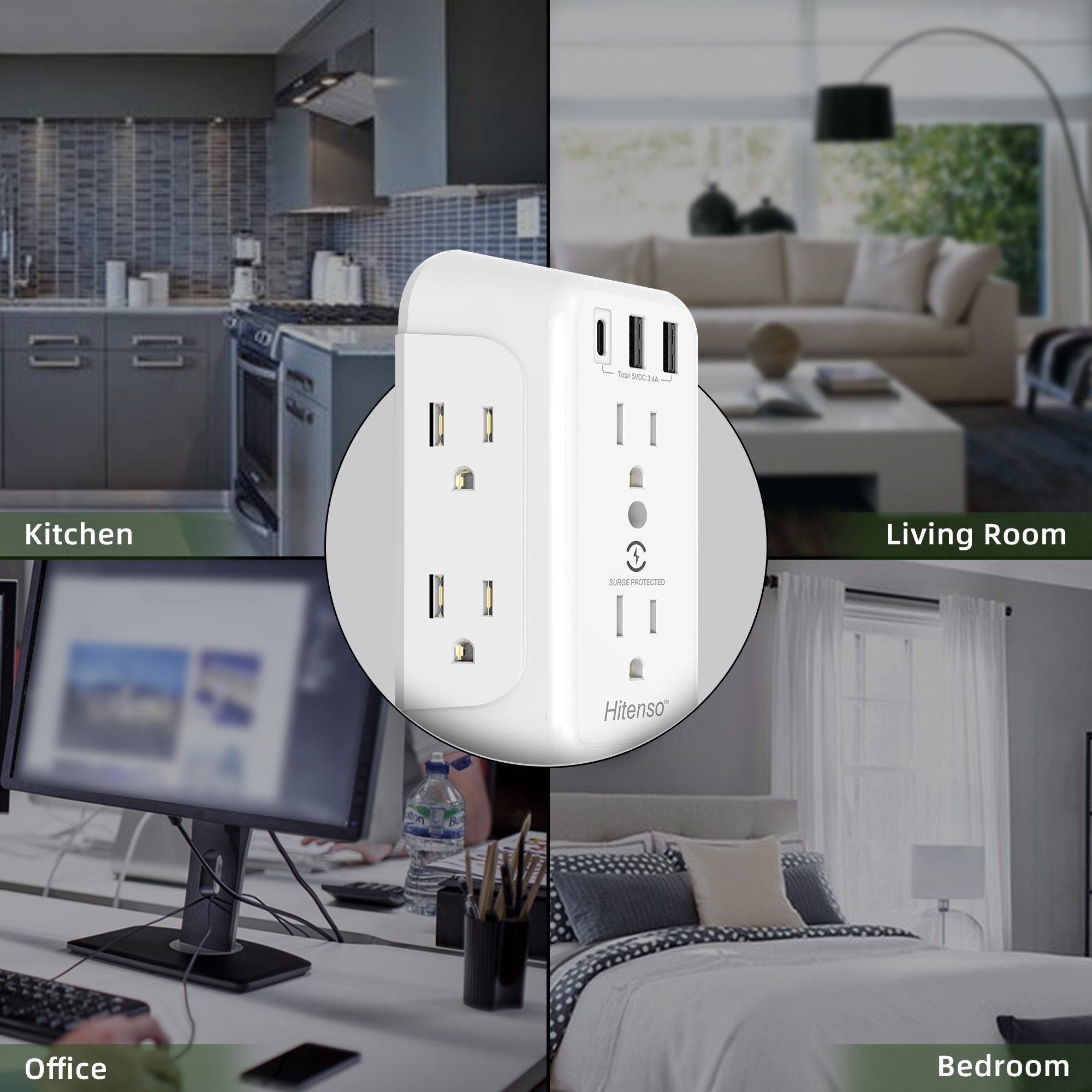 Outlet extender USB Wall Charger power strip 6 Outlet with 2 USB Charging Multi Plug Wall Adapter Spaced for Home Travel Office