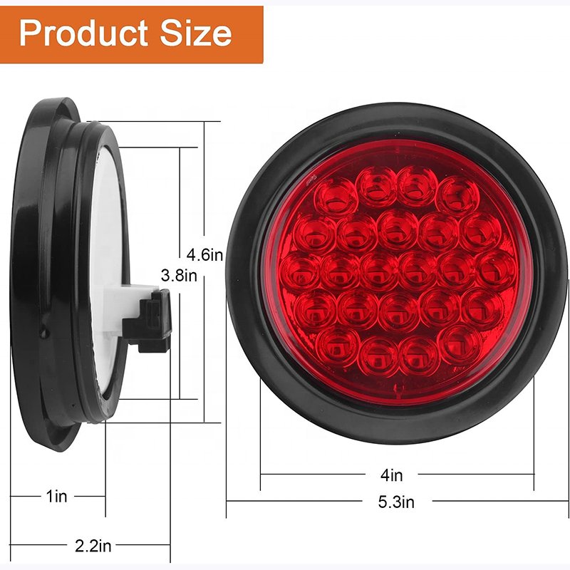 Super Bright 4" 24 LED Round Led Trailer Tail Lights Grommet and 3 Prong Plug Waterproof 12V Brake Stop Lights