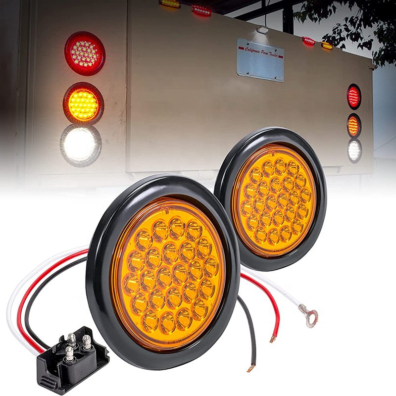 Super Bright 4" 24 LED Round Led Trailer Tail Lights Grommet and 3 Prong Plug Waterproof 12V Brake Stop Lights