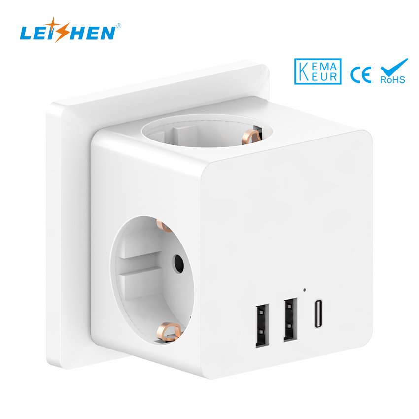 KEMA ERP Approved Smallest Size Power Cube 3.4A 2USBA+Type-C 3*16A Outlets Extension Adapter Plug Wall Socket Power Cube Adapter