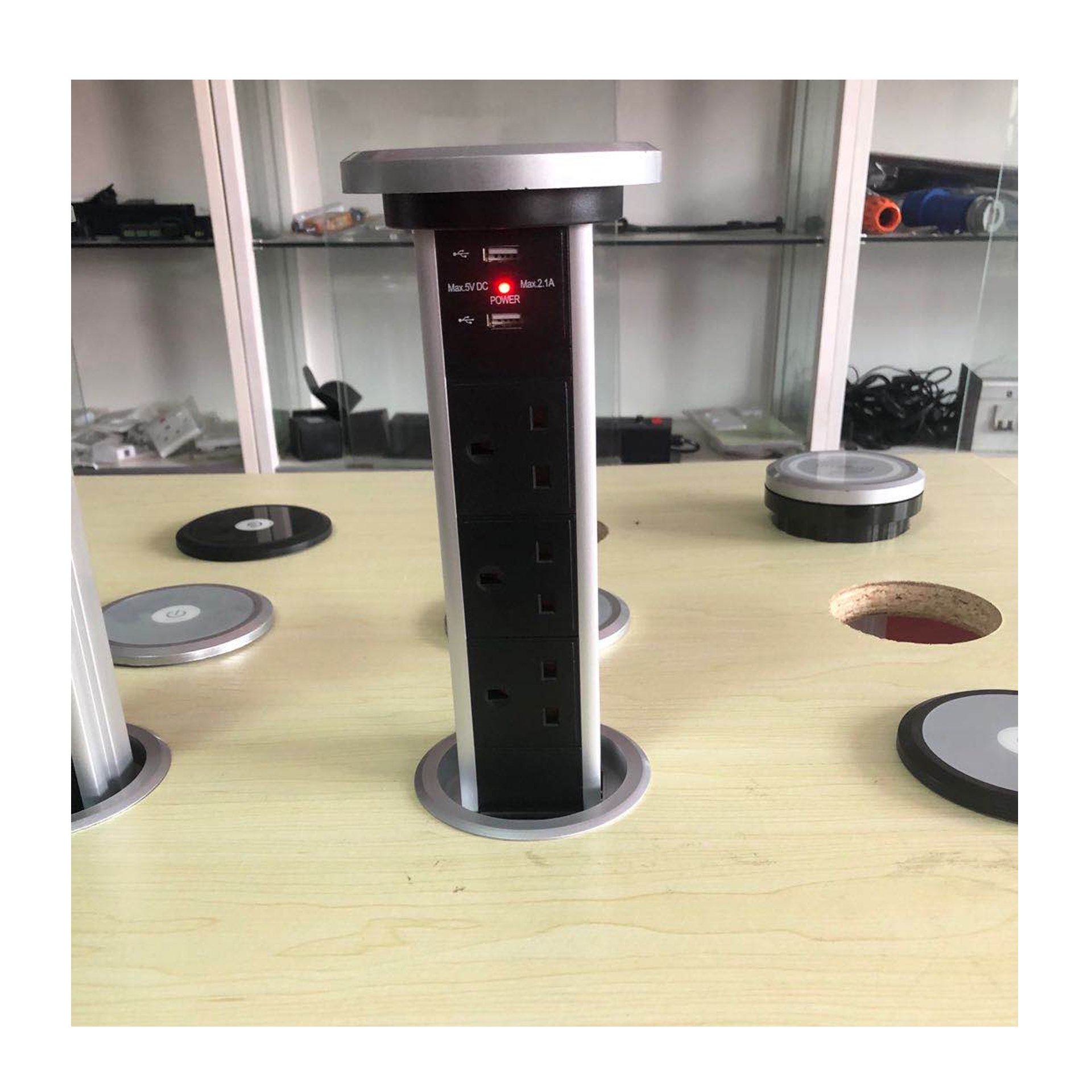 Customized silver hidden desk pop up outlet plug motorized lifting pop up socket for kitchen countertop