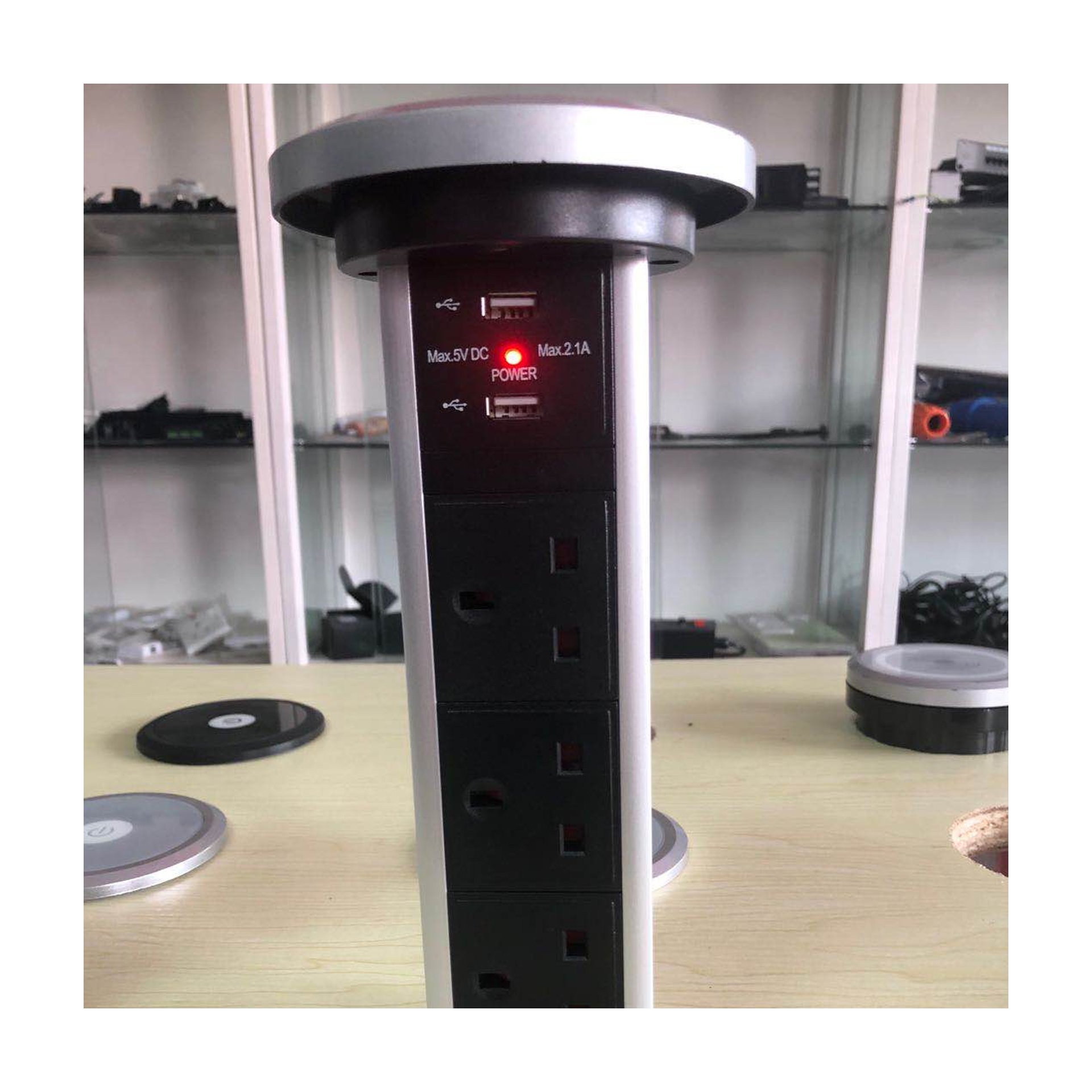 Customized silver hidden desk pop up outlet plug motorized lifting pop up socket for kitchen countertop
