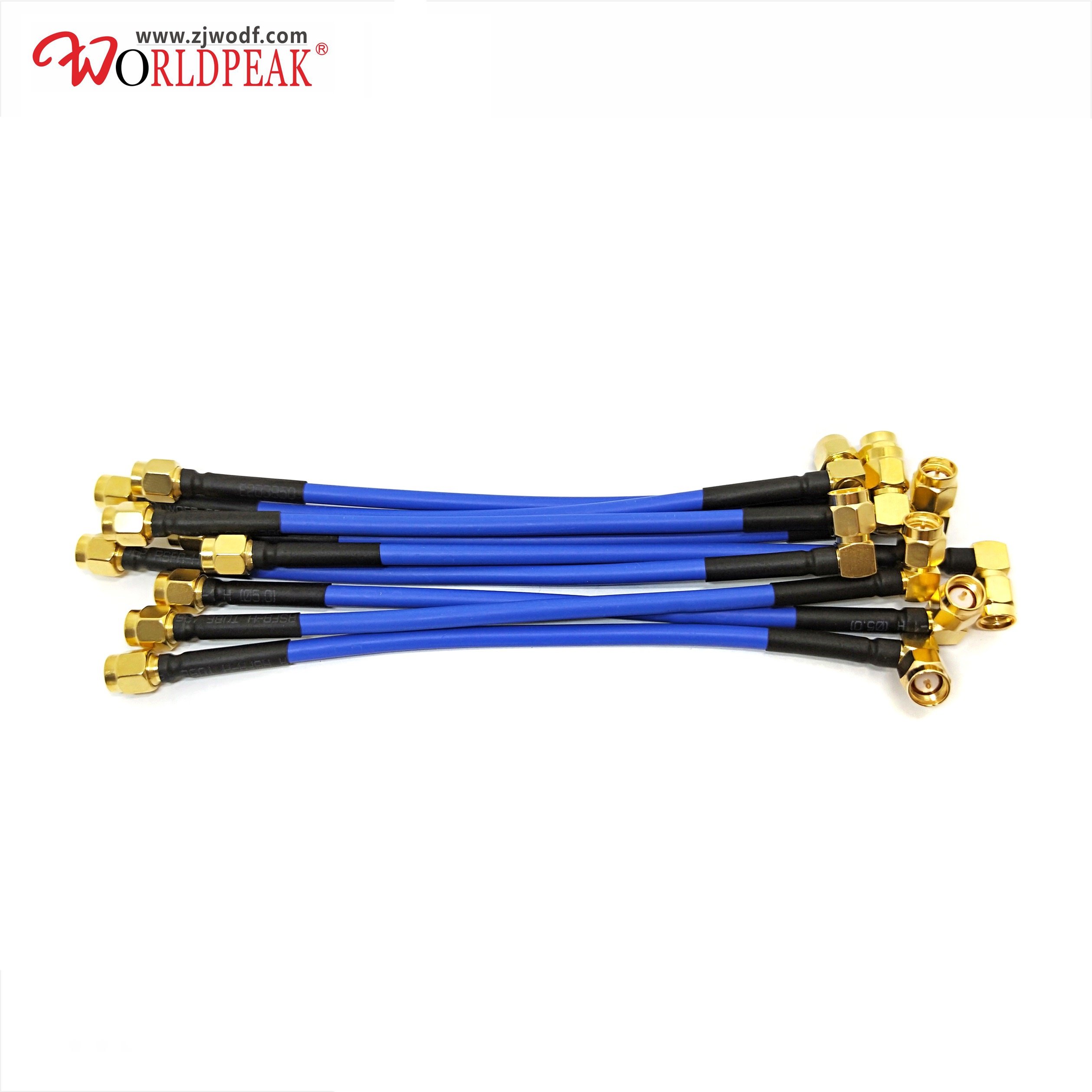 SMA male straight to SMA male Plug 90 degree RA RF RG402 RG405 .141 .086 semiflex semi flexible Cable Blue