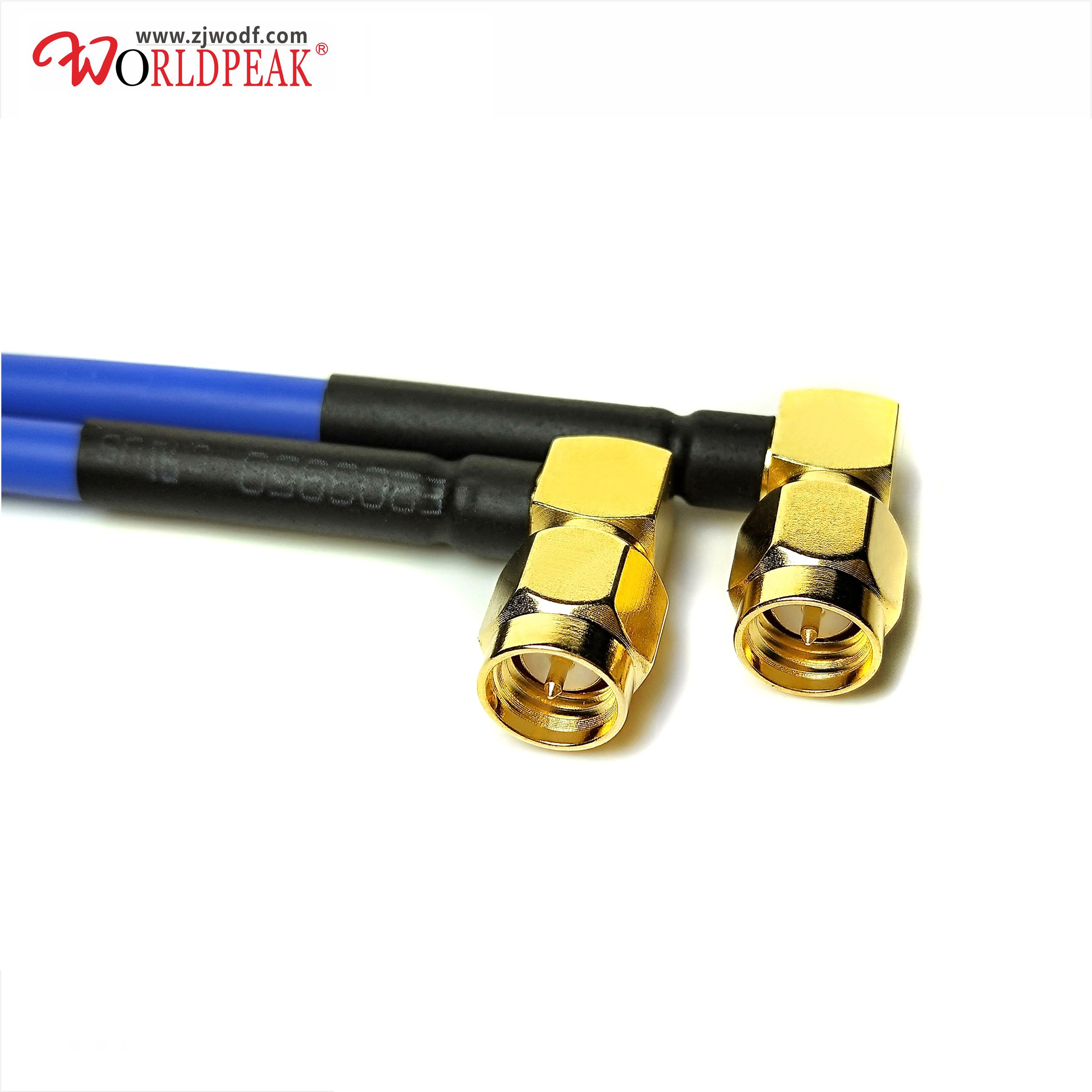 SMA male straight to SMA male Plug 90 degree RA RF RG402 RG405 .141 .086 semiflex semi flexible Cable Blue