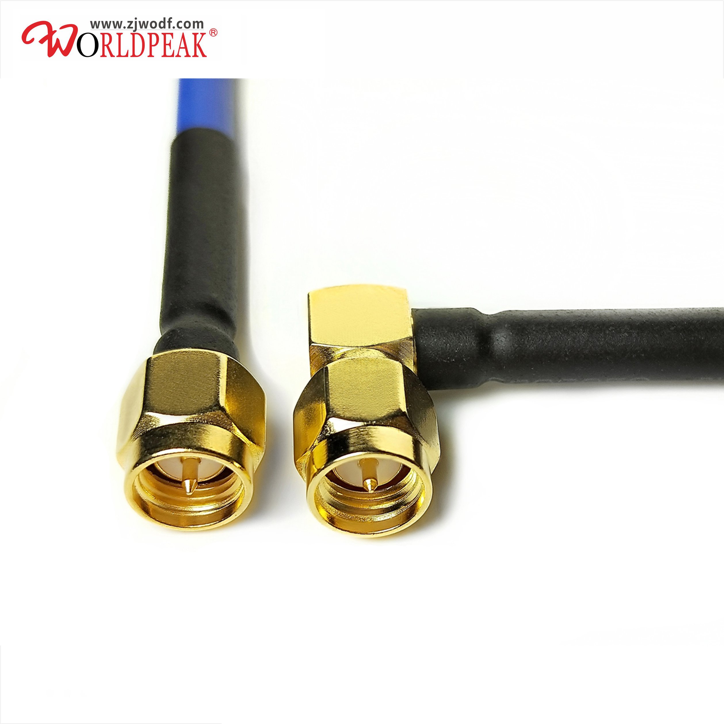 SMA male straight to SMA male Plug 90 degree RA RF RG402 RG405 .141 .086 semiflex semi flexible Cable Blue