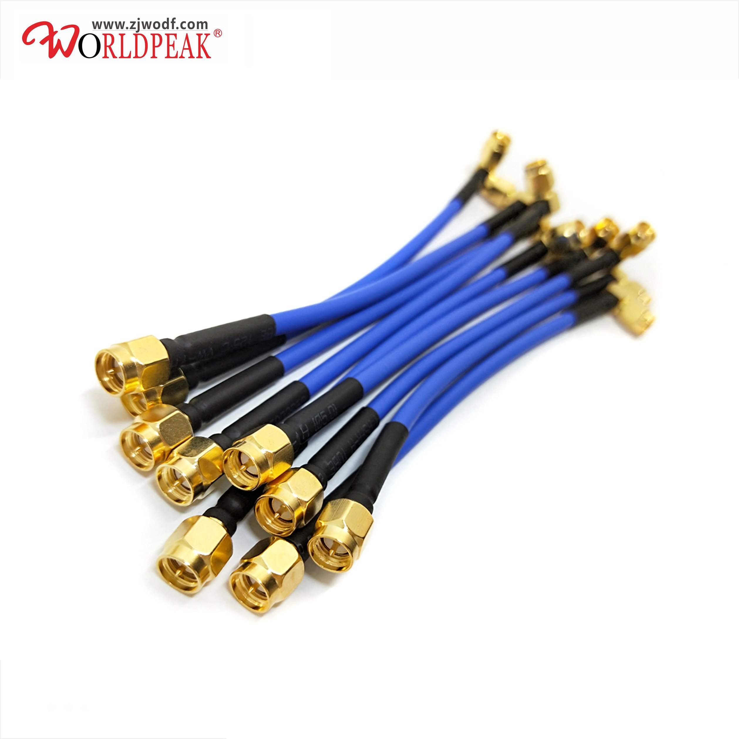 SMA male straight to SMA male Plug 90 degree RA RF RG402 RG405 .141 .086 semiflex semi flexible Cable Blue