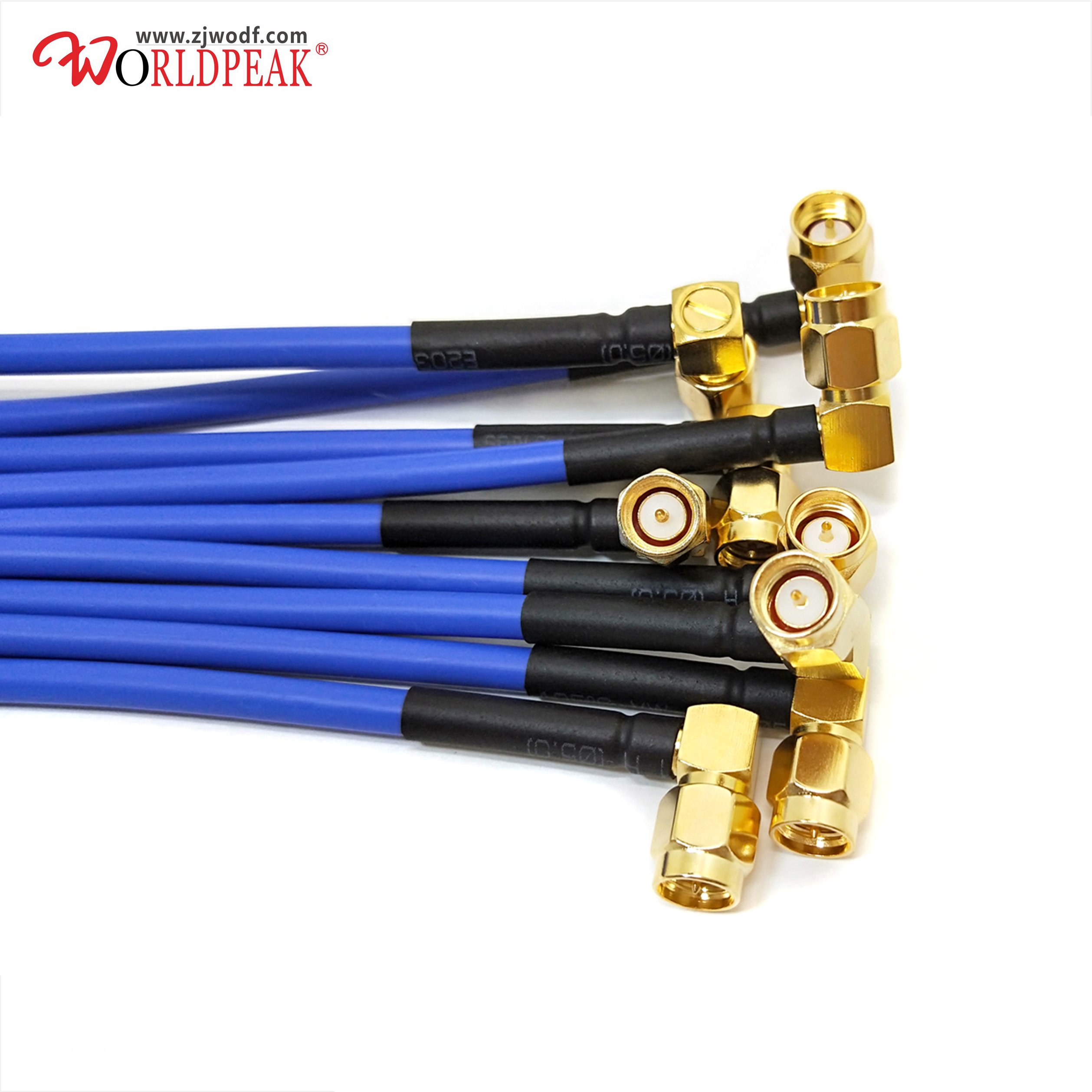 SMA male straight to SMA male Plug 90 degree RA RF RG402 RG405 .141 .086 semiflex semi flexible Cable Blue