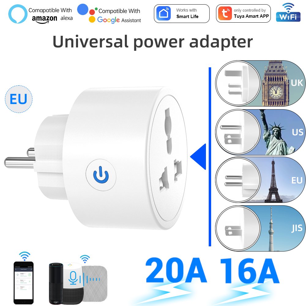 Tuya WiFi Smart Travel Adapter,Portable EU European Universal Converter Socket and Plug,Google Home,Alice,Alexa