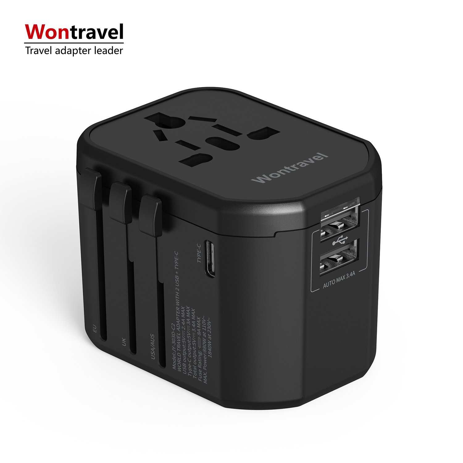 Wontravel Dual USB Type C Universal International Electrical Travel Adapter European Travel Plug Adapter 4 in 1 Conversion