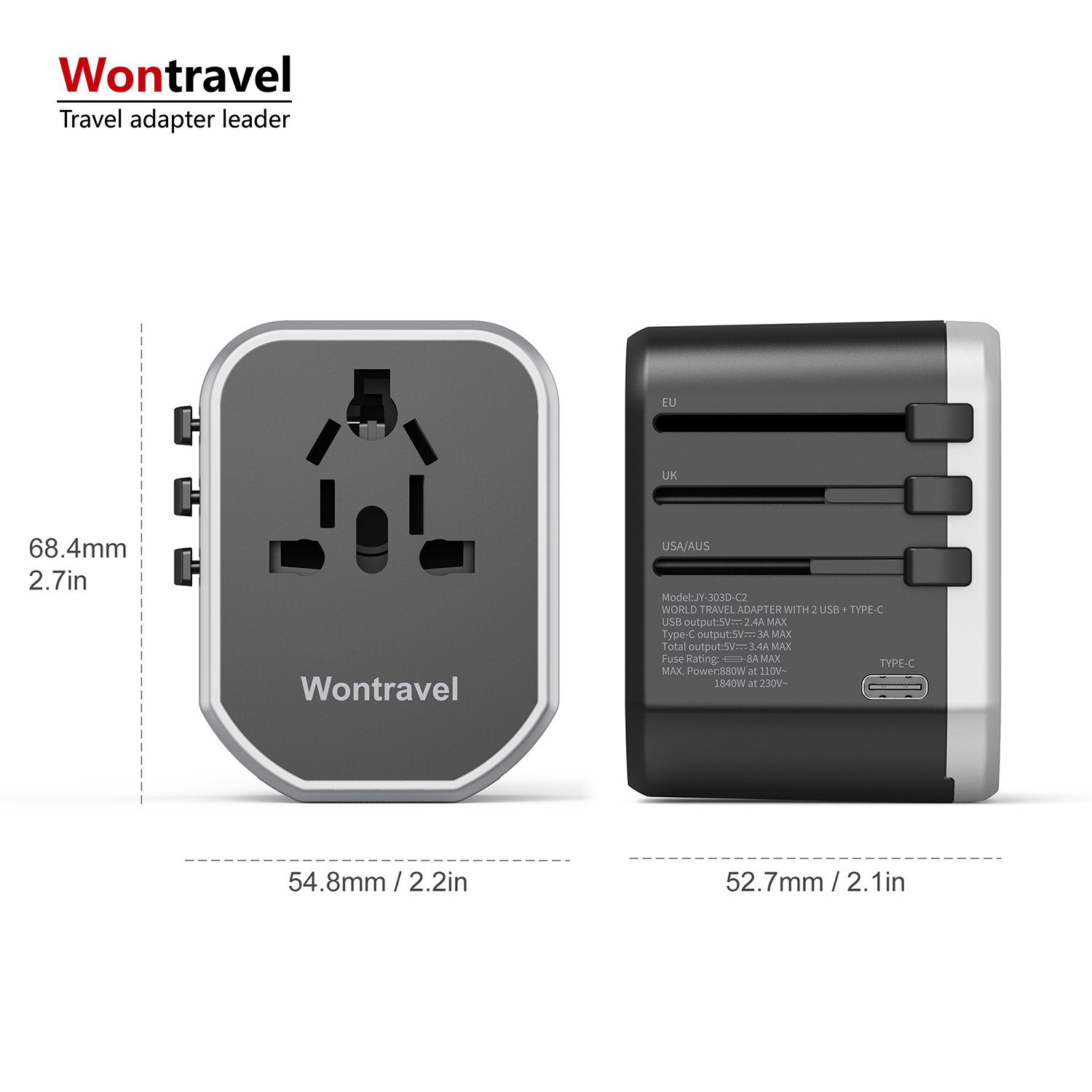 Wontravel Dual USB Type C Universal International Electrical Travel Adapter European Travel Plug Adapter 4 in 1 Conversion